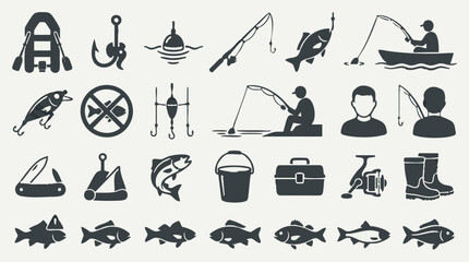 Fishing equipment and angler icons set for hobby and sport © Zigmate