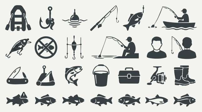 Fishing equipment and angler icons set for hobby and sport