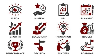 Fototapeta premium Business icons representing vision mission kpi planning growth leadership innovation budget performance decision success roadmap isolated on white background
