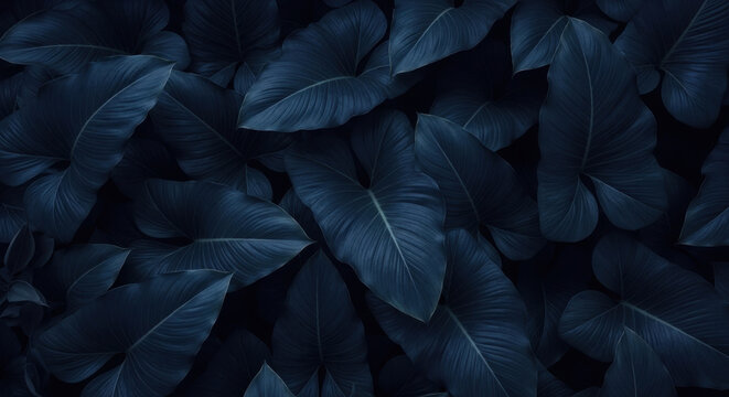 Dense arrangement of large dark navy blue tropical plant leaves creating layered natural pattern with subtle shadows and organic leaf textures.