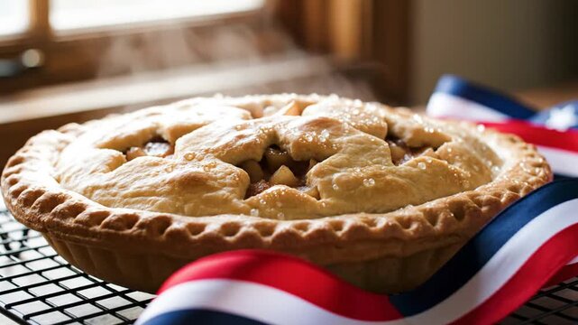Freshly baked apple pie steaming with patriotic American ribbon