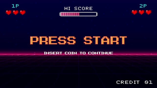 PRESS START. INSERT A COIN TO CONTINUE. pixel art 8 bit. Retro Futurism Sci-Fi Background. glowing neon grid and stars from vintage arcade computer games