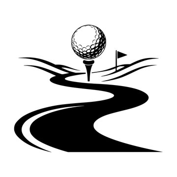 Golf Course Silhouette: A stylized graphic depicts a golf ball poised on a tee, ready to be struck, with a winding fairway leading towards a distant flag on a serene golf course.