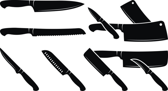 Black silhouette set of professional kitchen knives and meat cleavers isolated on white background