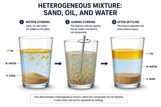 Educational infographic showing heterogeneous mixture of sand oil and water