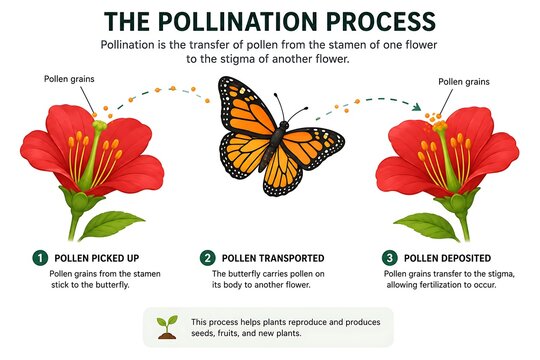 Pollination process infographic showing butterfly visiting red hibiscus flowers