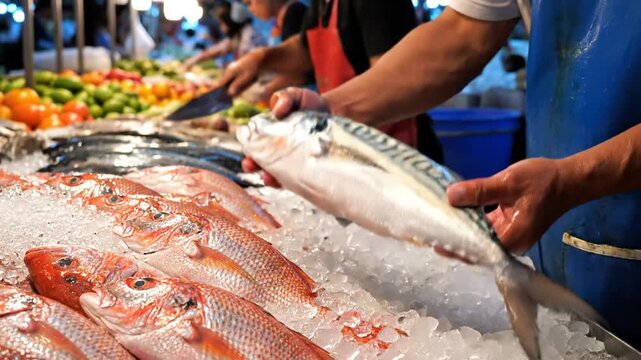 Fresh red fish on ice at seafood market.