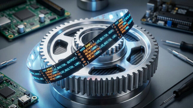 Digital literacy concept with programming code on LED strip wrapped around metal gear on electronic circuit board