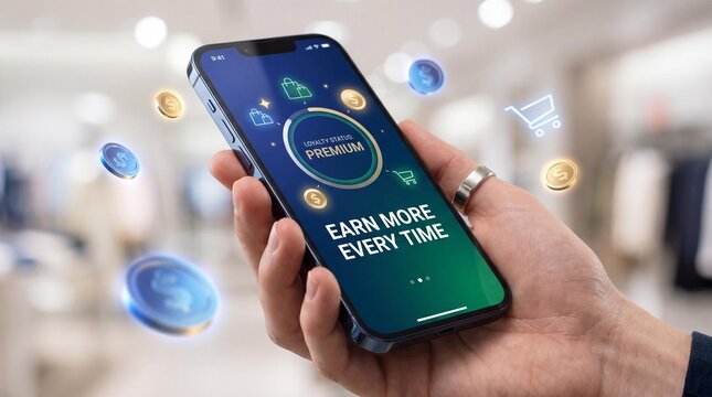 Hand holding smartphone with loyalty rewards program on screen