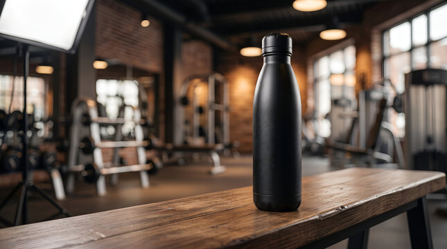 Matte black reusable water bottle on wooden bench inside a modern gym background