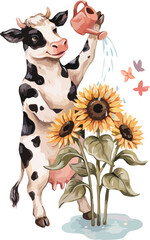 Naklejka premium Cute cartoon cow watering cheerful sunflowers with watering can