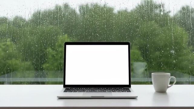 A laptop with blank white screen sitting by a window on a rainy day