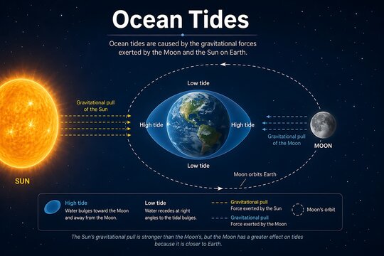 Infographic diagram explaining the formation of ocean tides by the moon and sun