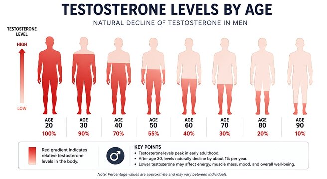 Testosterone levels by age infographic illustrating natural decline