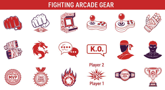 A grid of 18 red and dark purple icons related to arcade fighting games