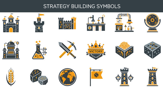 A set of fifteen flat dualtone gold and dark gray icons representing strategy game buildings and resources