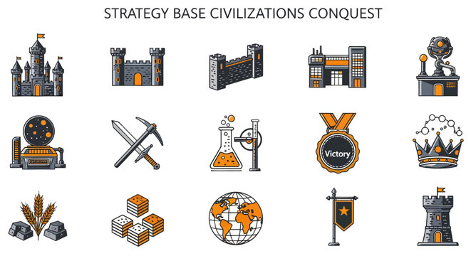 Grid of 15 colorful icons representing civilization conquest and strategy elements