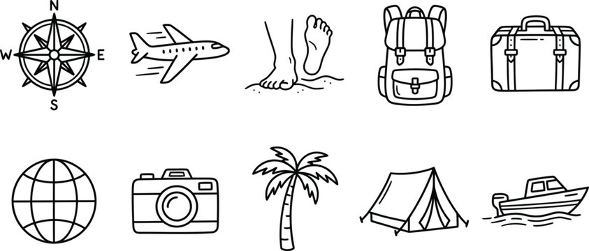 Set of hand-drawn travel and nature doodle icons