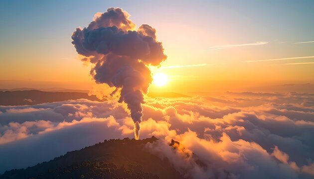Volcanic eruption at sunset above clouds.