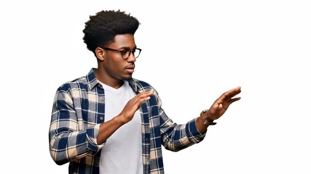 A surprised young black man in a plaid shirt gesturing with his open hands