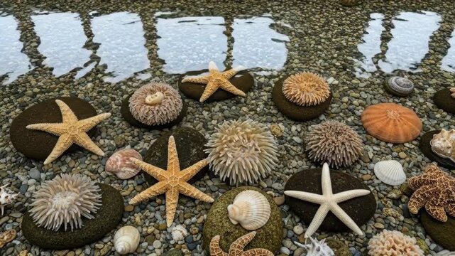 Starfish and sea urchins resting on the dark pebbles beneath calm water