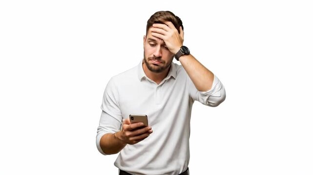 A frustrated man looking at his smartphone with a concerned expression