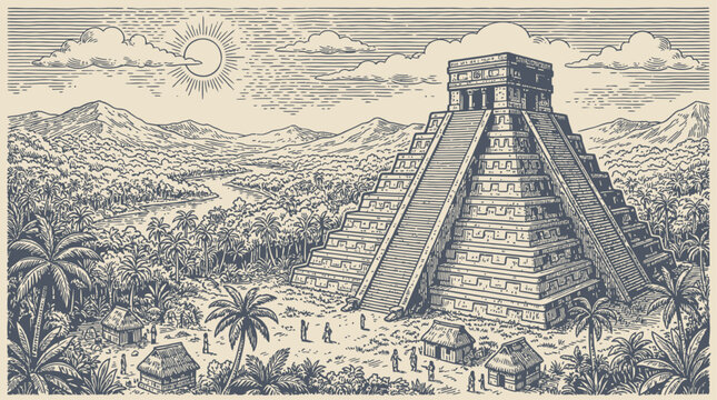 Vintage engraving vector illustration of an ancient Mayan step pyramid temple ruin located in a lush jungle landscape, featuring intricate stone carvings and historical pre-columbian architecture.