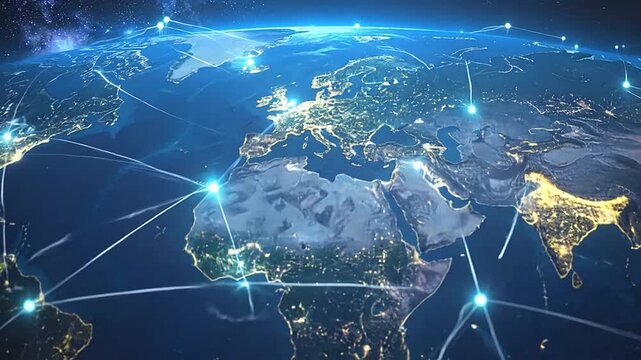 A glowing digital network connects cities across the dark planet