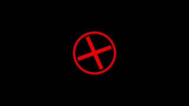 Red cross symbol inside circle spinning on black background in seamless loop motion.