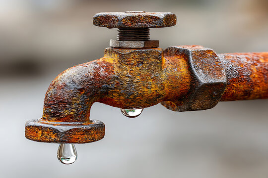 Industrial pipe showing a small leak with water droplets near a rusty surface in a construction area during daylight hours Generative AI