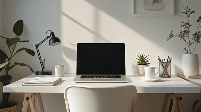 Modern home office desk with laptop and plants bathed in sunlight