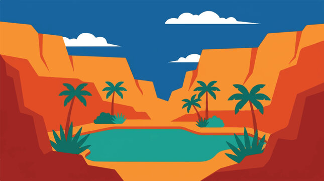 Flat vector illustration of a desert oasis with blue water and orange canyon cliffs
