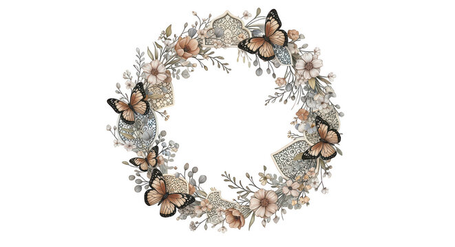 Elegant Floral Wreath Featuring Ornate Geometric Frames And Delicate Orange Monarch Butterflies