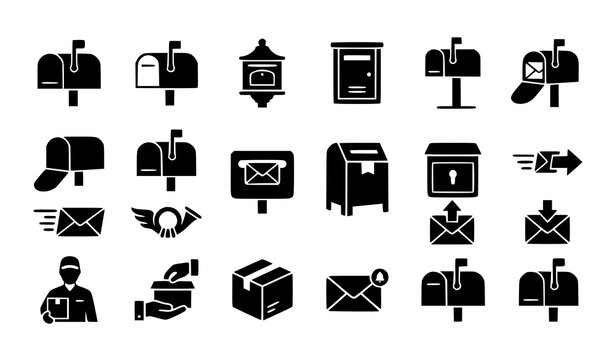 Mailbox and Postal Delivery Flat Icons Bundle for Website and UI Vector