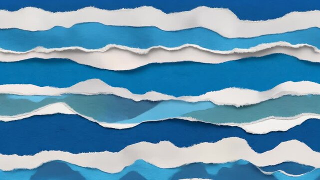 Torn Strips of Blue and White Paper Simulating Ocean Waves in a Stop Motion Collage Loop