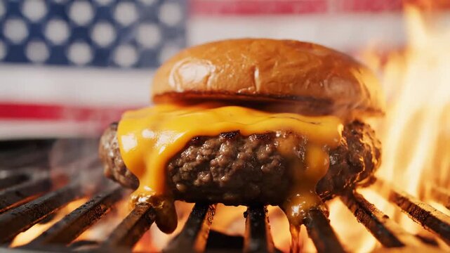 Juicy cheeseburger grilling over open flames with American flag