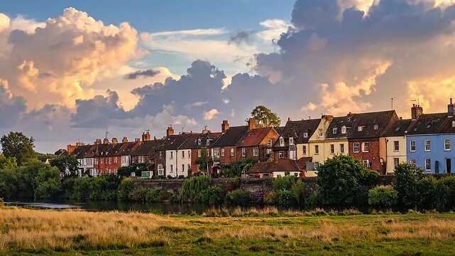 A row of colorful houses sits beside a calm river at sunset