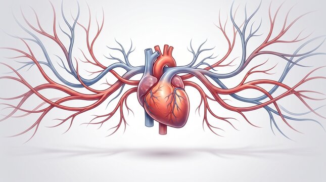 3D illustration of human heart organ with red and blue blood vessels veins and arteries