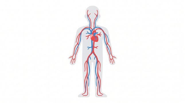 Complete anatomical chart of venous and arterial blood vessel network within transparent human figure