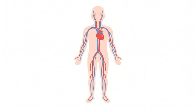 Educational diagram of anatomical human heart and full body vascular circulation system on light skin silhouette