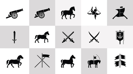Obraz premium Medieval icon set with silhouettes of horses swords flags