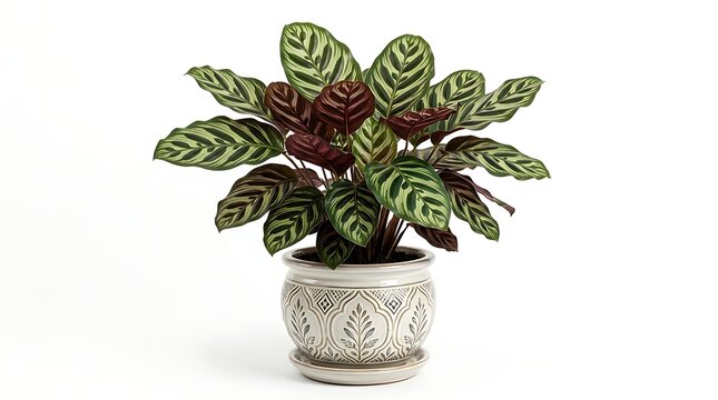 Vibrant calathea ornata potted plant on white background indoor foliage