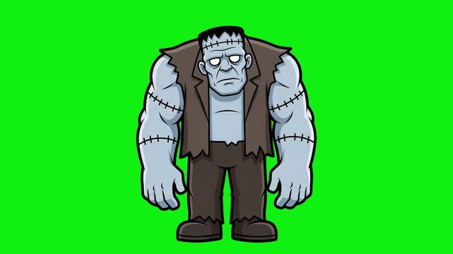 2D animated Frankenstein monster character standing idle on a green screen background for Halloween video compositing.