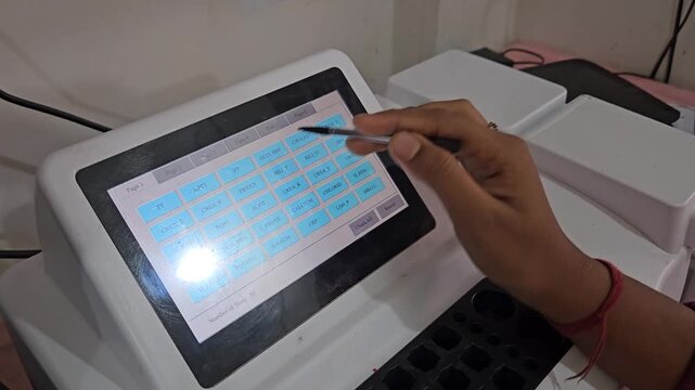 Authentic footage of a laboratory technician operating an automated chemistry analyzer using a touchscreen interface in a modern clinical laboratory. The video showcases laboratory automation