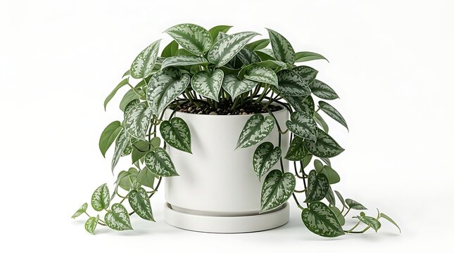 Silver scindapsus pothos in white ceramic pot indoor plant studio shot