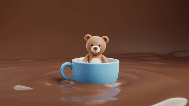 Cute teddy bear in a blue cup floating on chocolate
