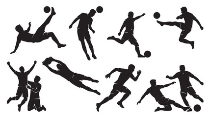 Silhouettes of soccer players in various dynamic poses and movements with a ball © MARS