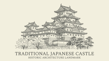 Obraz premium Detailed monochrome line art vector illustration of a majestic traditional Japanese castle architecture featuring pagoda roofs and stone fortifications in a hand drawn minimalist design style.