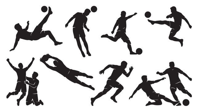 Silhouettes of soccer players in various dynamic poses and movements with a ball