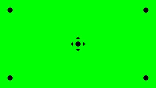 Chroma key green screen background with black motion tracking markers and center target points for vfx video post production template.